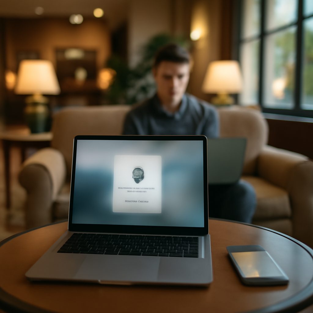 Guest on laptop in hotel lobby with authentication prompt on screen.