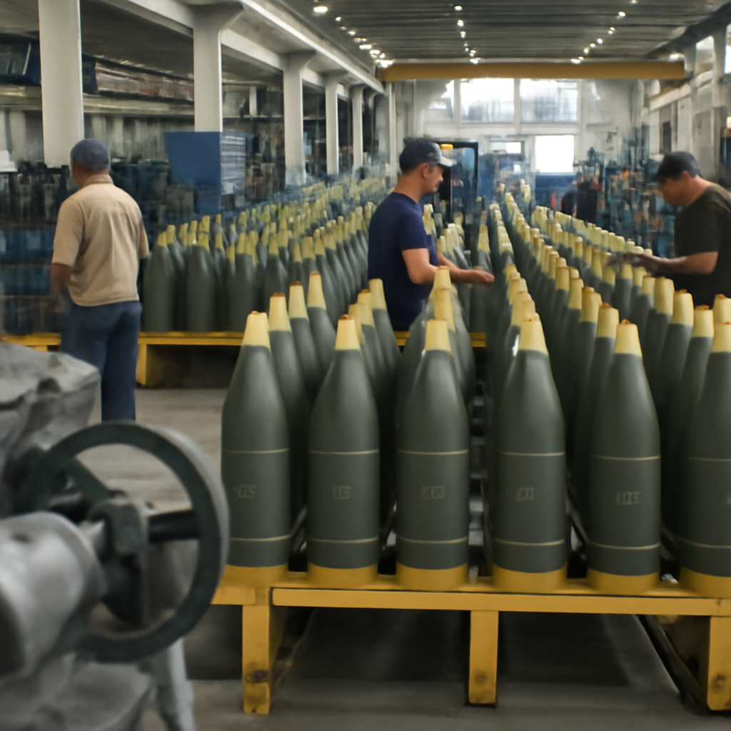 Rows of munitions production lines and equipment in a US defense industrial setting.