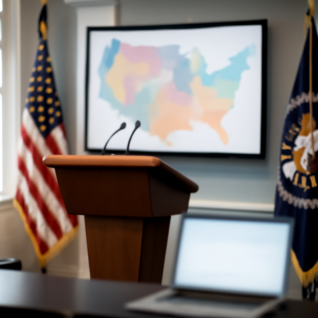Government officials gather in a briefing room with a podium, surrounded by flags and seals, and a laptop on a nearby table.