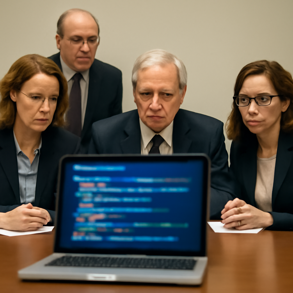Government officials gather around a laptop displaying code, showing interest and concern.