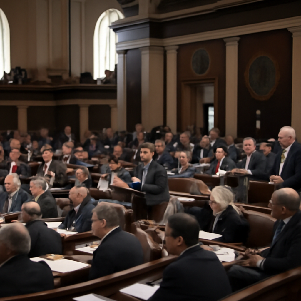 Congress members gather on House floor during debate or vote.