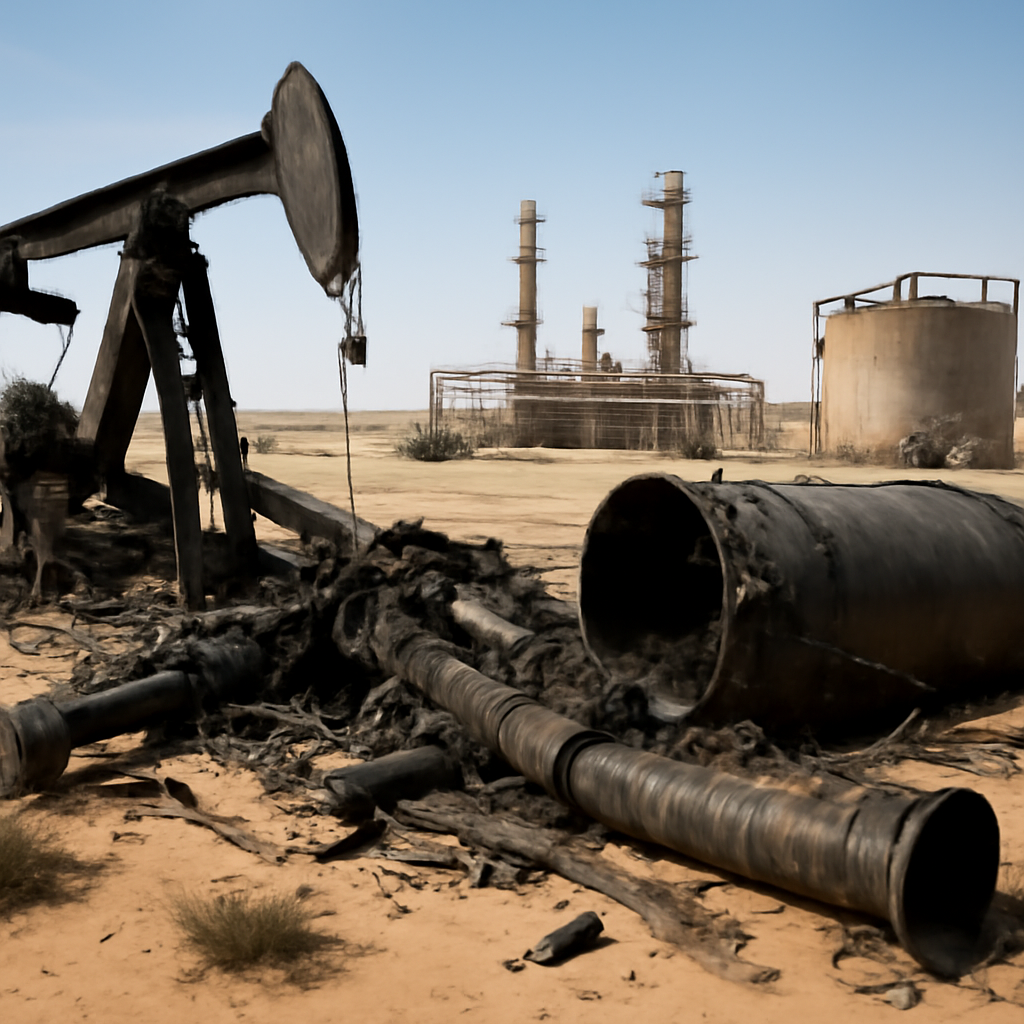 Damaged oil facility in desert with destroyed equipment and military vehicles nearby.