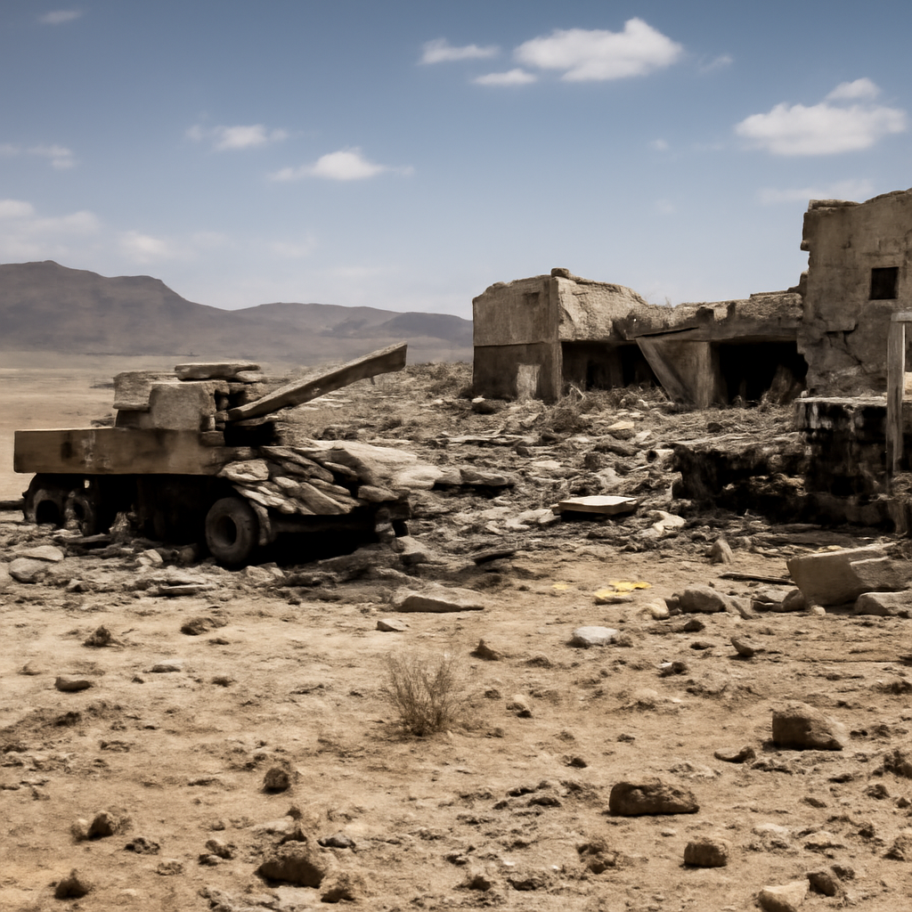 Damaged military camp in eastern Yemen with destroyed vehicles and rubble under a desert sky.