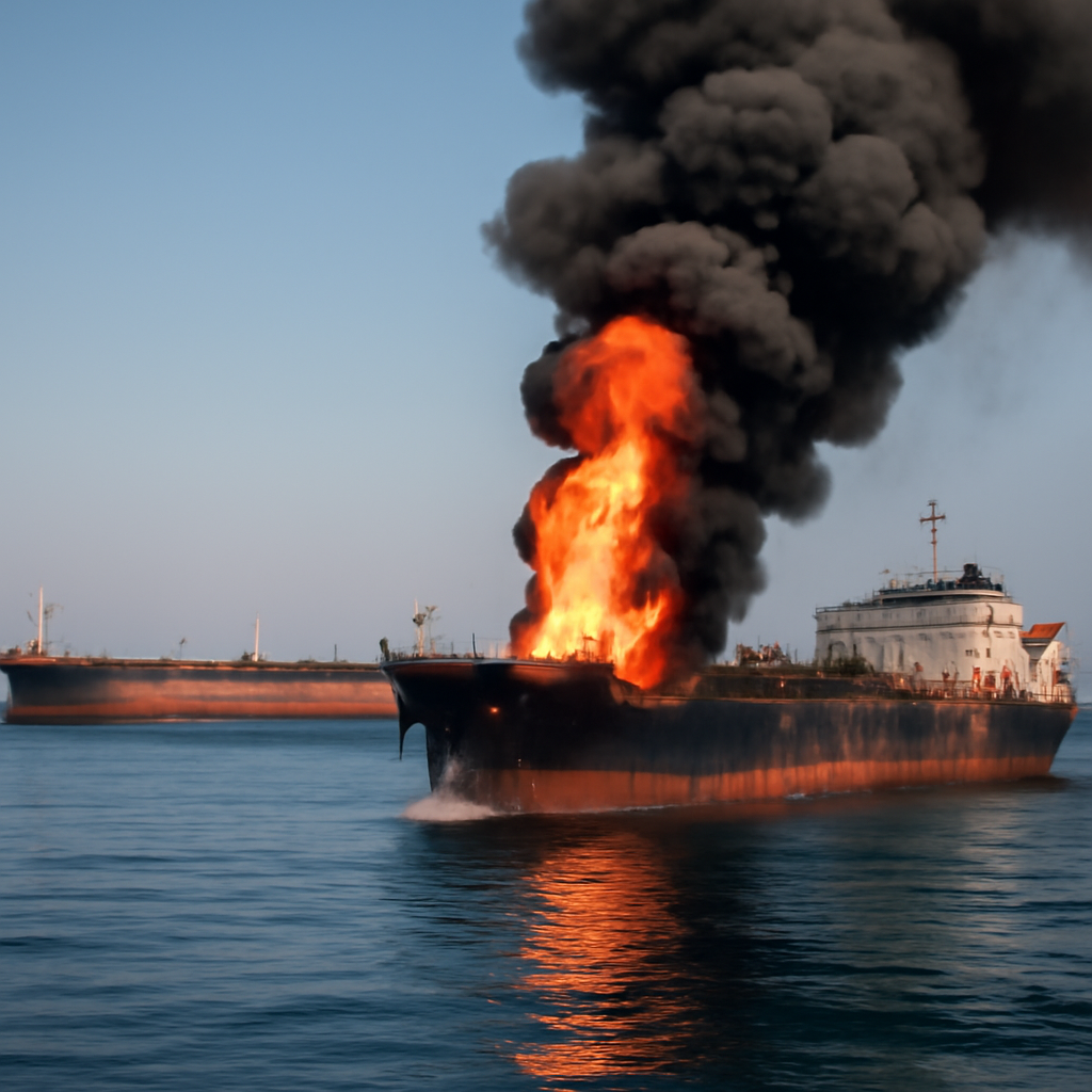 Damaged oil tankers with signs of fire in calm Red Sea waters under a clear sky.
