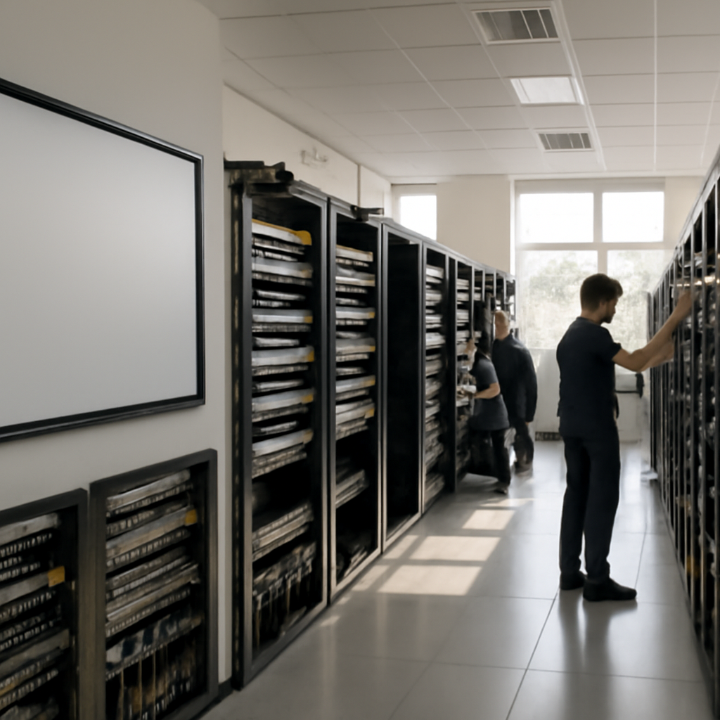 Network operations room with technicians, equipment, and switches under bright daylight.