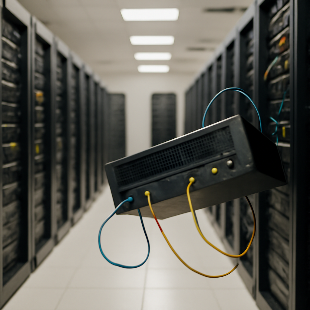 Rows of computer servers and networking equipment in a brightly lit server room, conveying disruption and vulnerability.