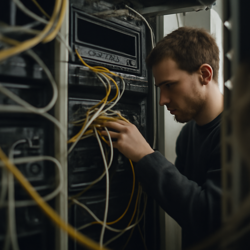 Technician troubleshoots server equipment in a network operations center.