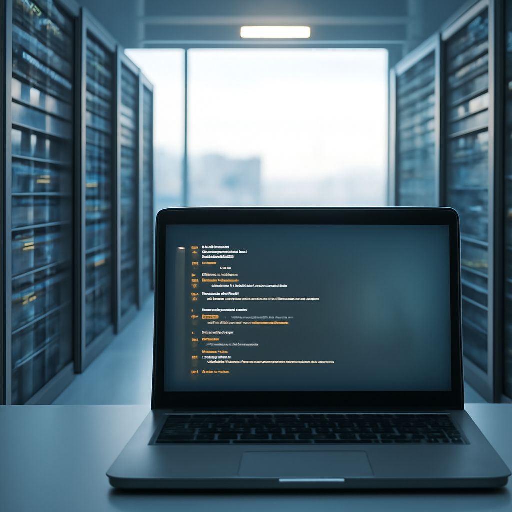 Data-processing pipeline environment with a lone laptop screen displaying abstract code.