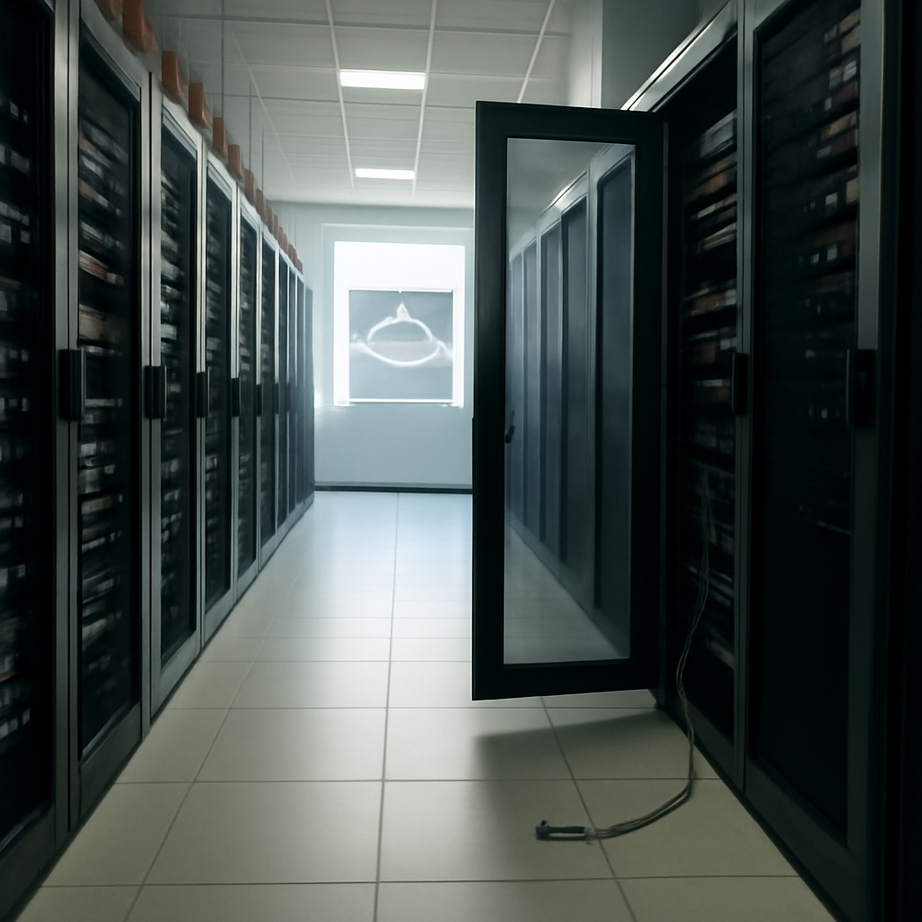Rows of computer equipment in a brightly-lit data center facility.
