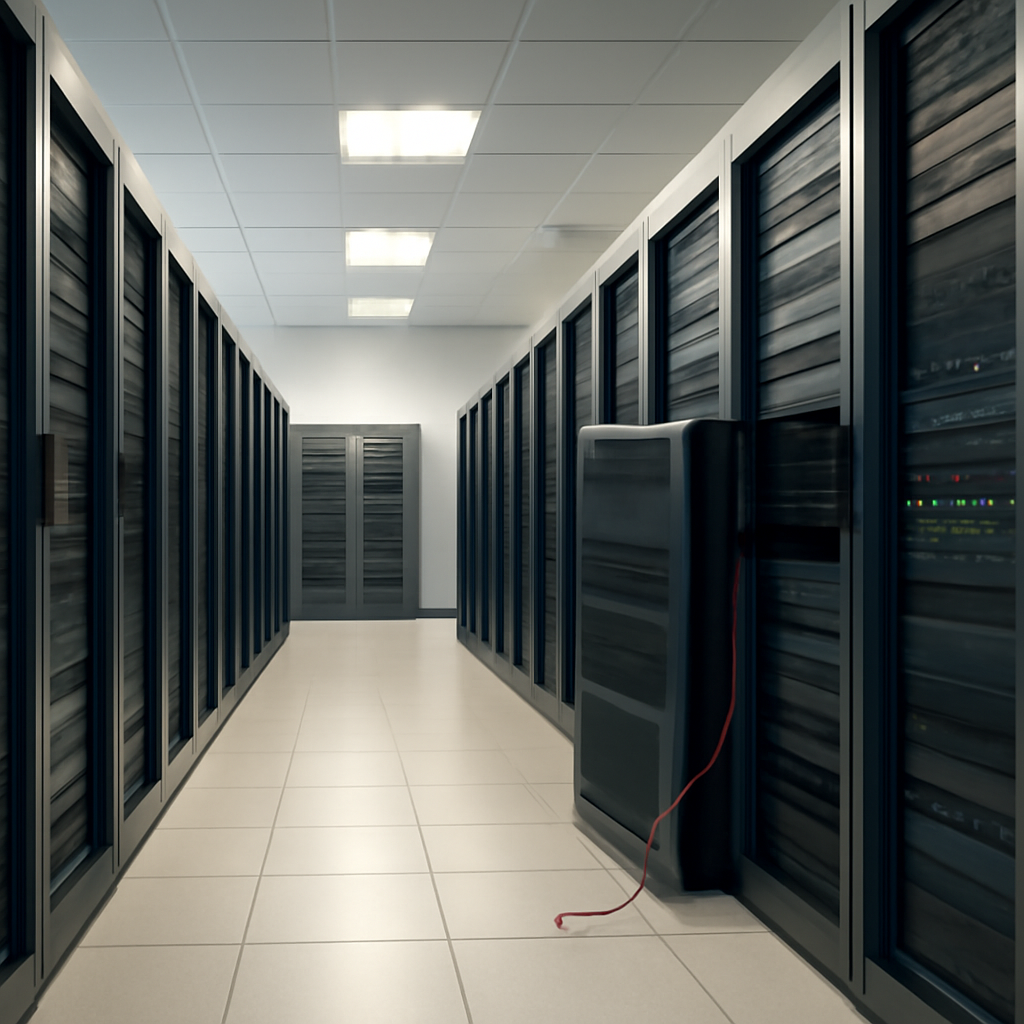 Rows of computer servers in a brightly-lit data center with one server slightly askew, hinting at a potential vulnerability.