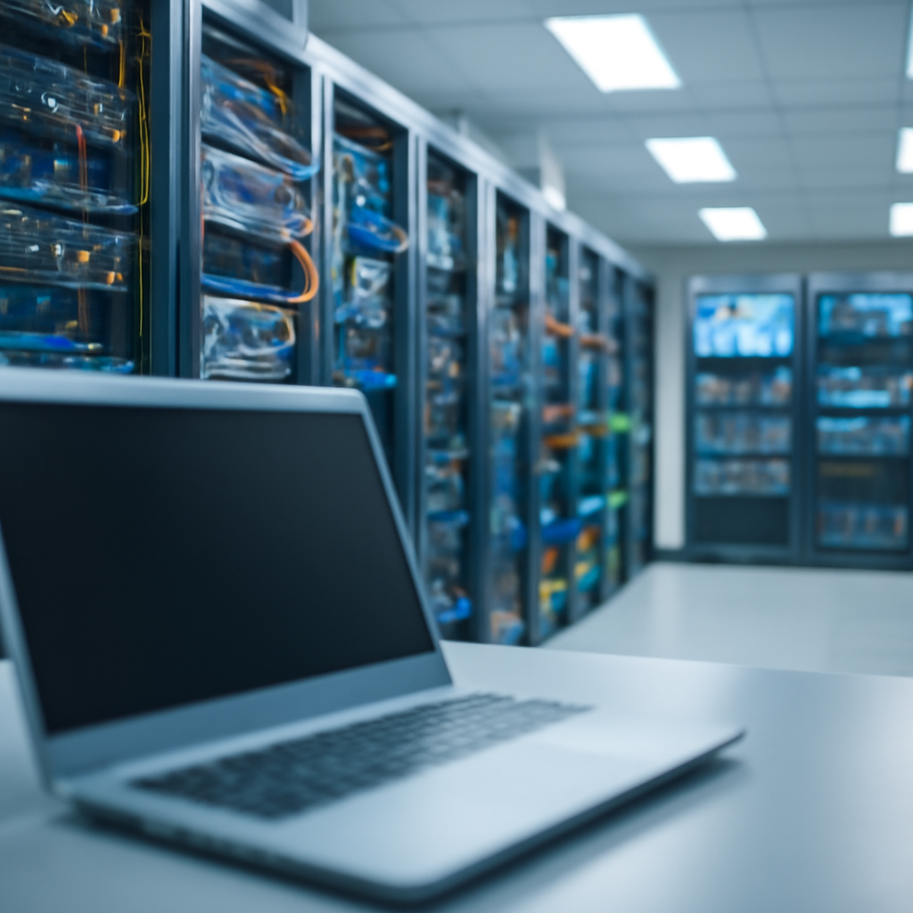 Rows of equipment racks and monitors in a modern server room with a single blurred workstation in the foreground.