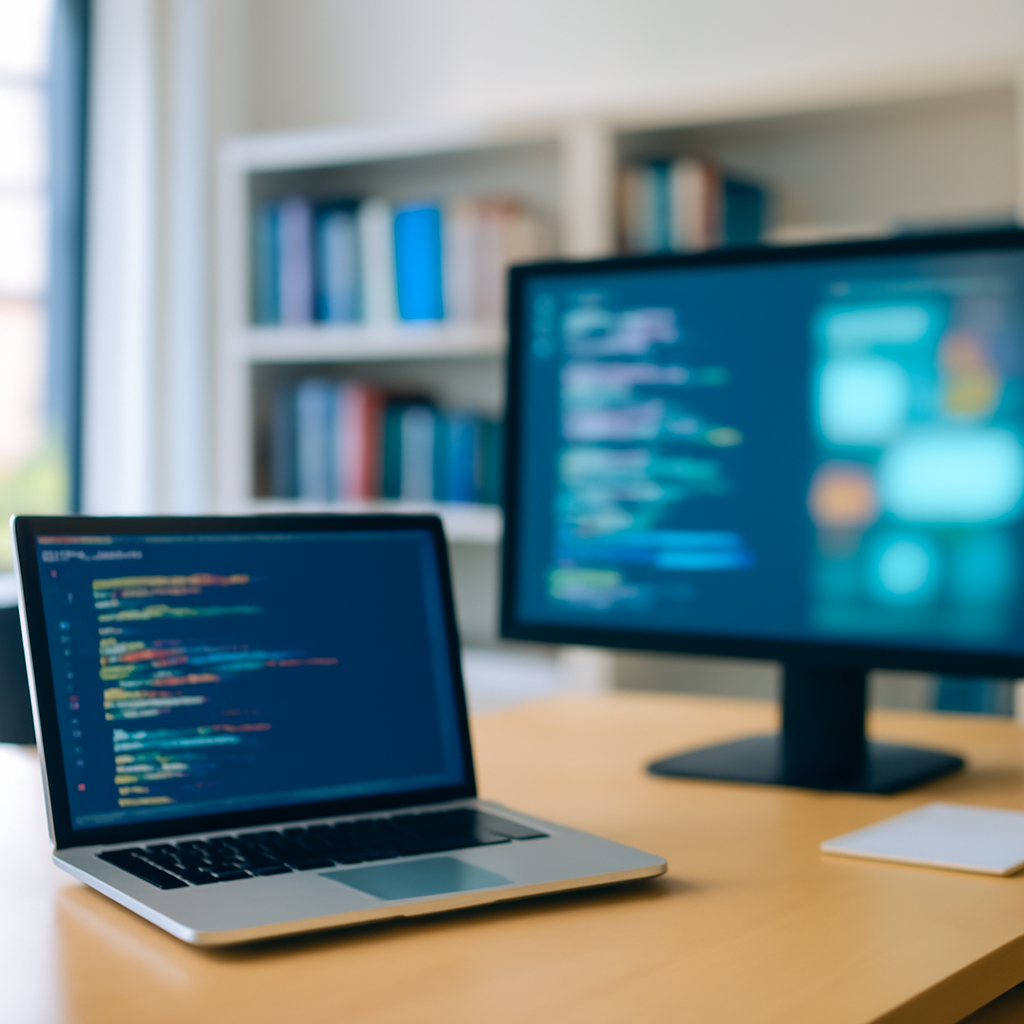 Software development setting with laptop and monitor displaying code.