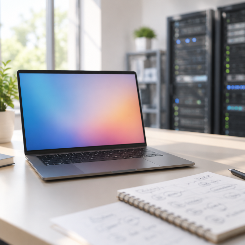 Laptop on a desk in a minimalist room with soft natural light, screen blurred.