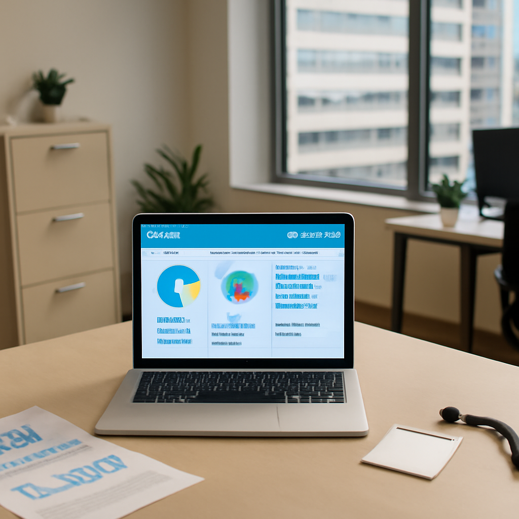 Office workstation with laptop and CRM software, overlooking cityscape through large window.