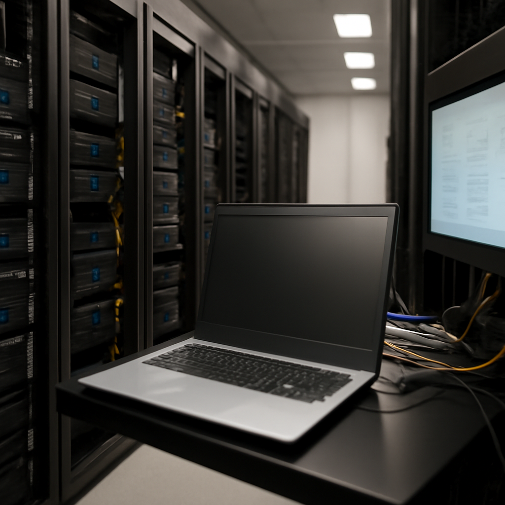 Rows of computer servers and networking equipment in a data center with a laptop on a technician's workstation.