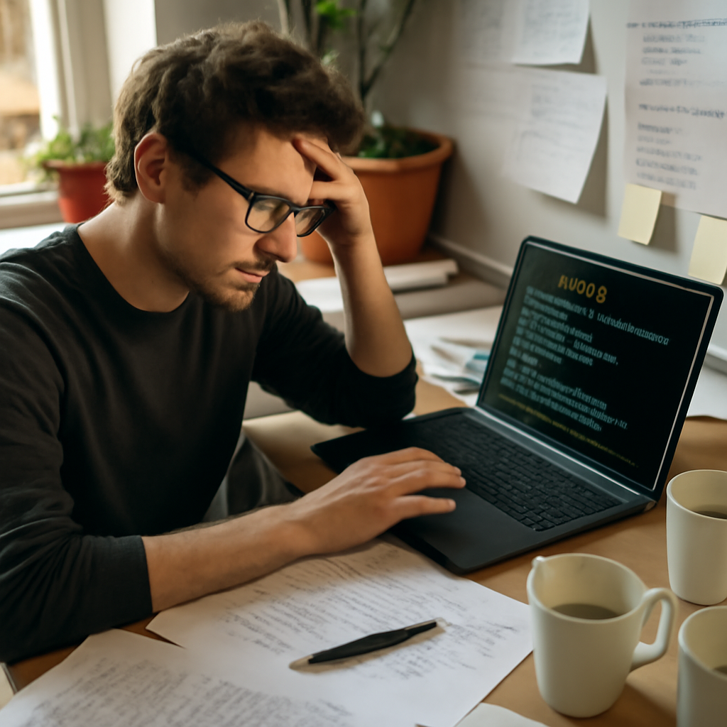 Security researcher surrounded by notes, code, and coffee cups at cluttered desk with laptop.