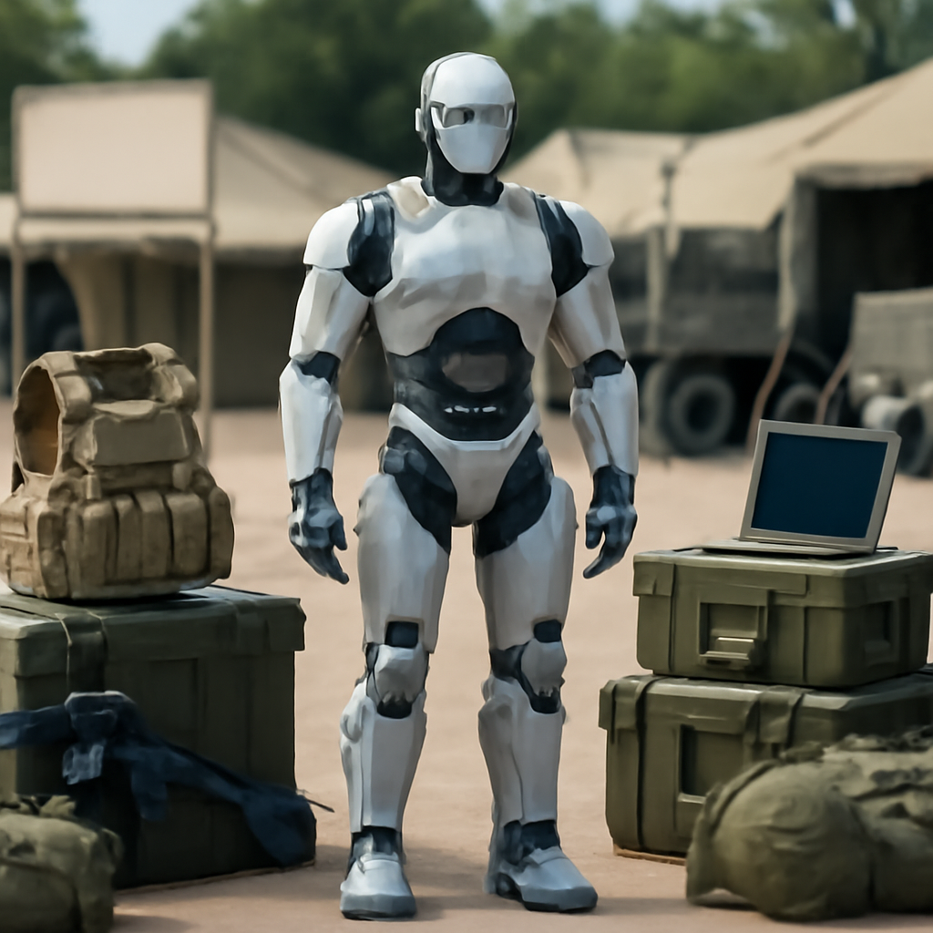 Humanoid robot stands amidst military gear and equipment in a neutral pose.