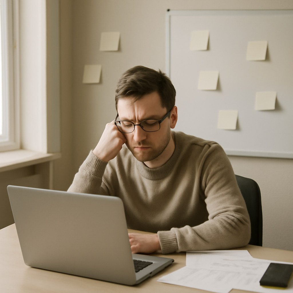 Person sitting at desk with laptop, surrounded by empty notes and papers, looking concerned at screen.