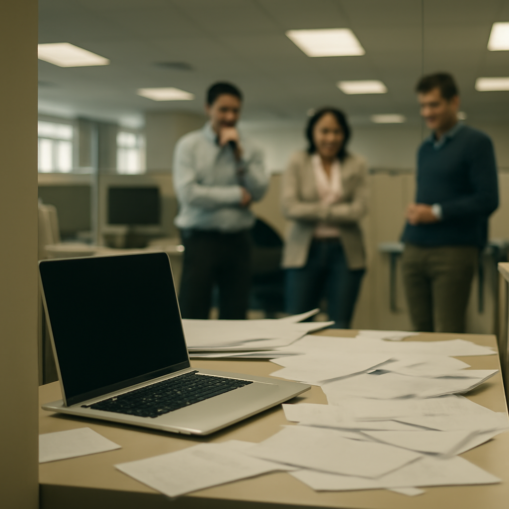 Dimly lit office cubicle with scattered papers, open laptop, and concerned coworkers in the background.