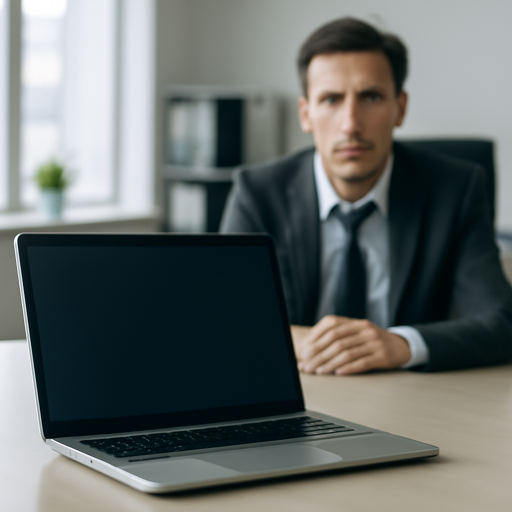 Blurred laptop screen on a desk with a concerned person in the background.