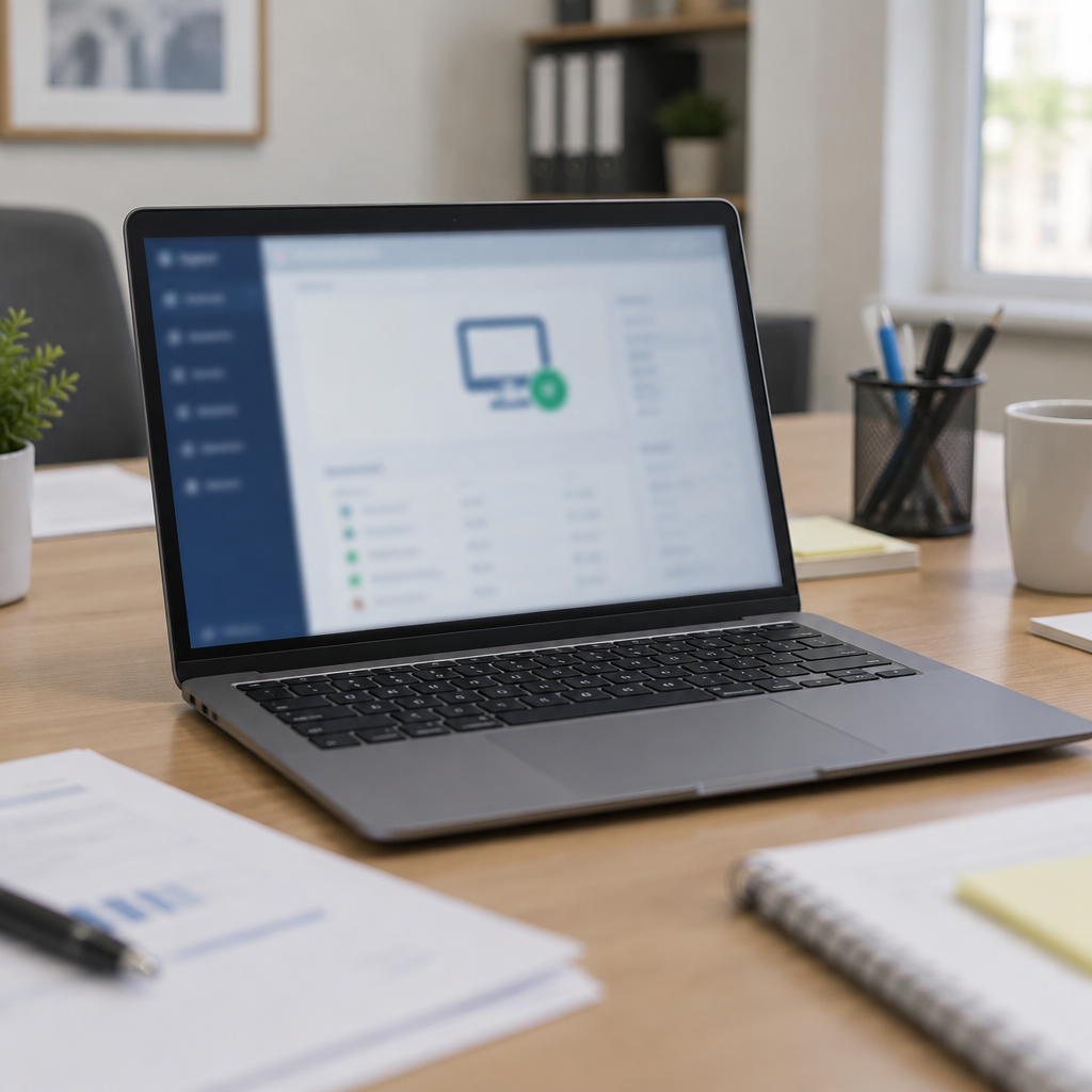 Blurred laptop screen on a workstation in a neutral office setting with scattered papers and a remote control.