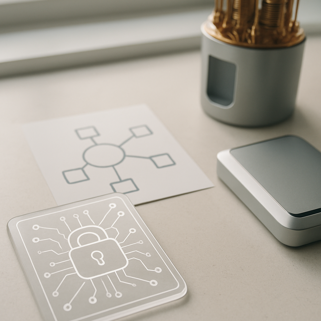 Layered security setup combines circuit board and network diagram components.