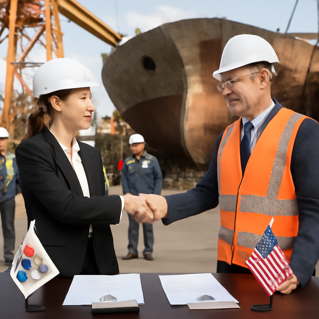 South Korean and American businesspeople shake hands at a signing ceremony in a shipyard.