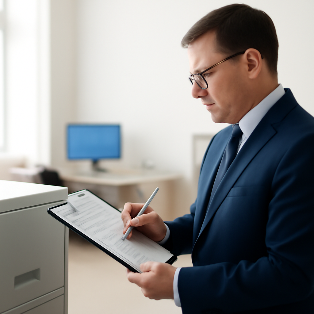 Compliance officer reviewing documents at a desk with a computer terminal in the background.