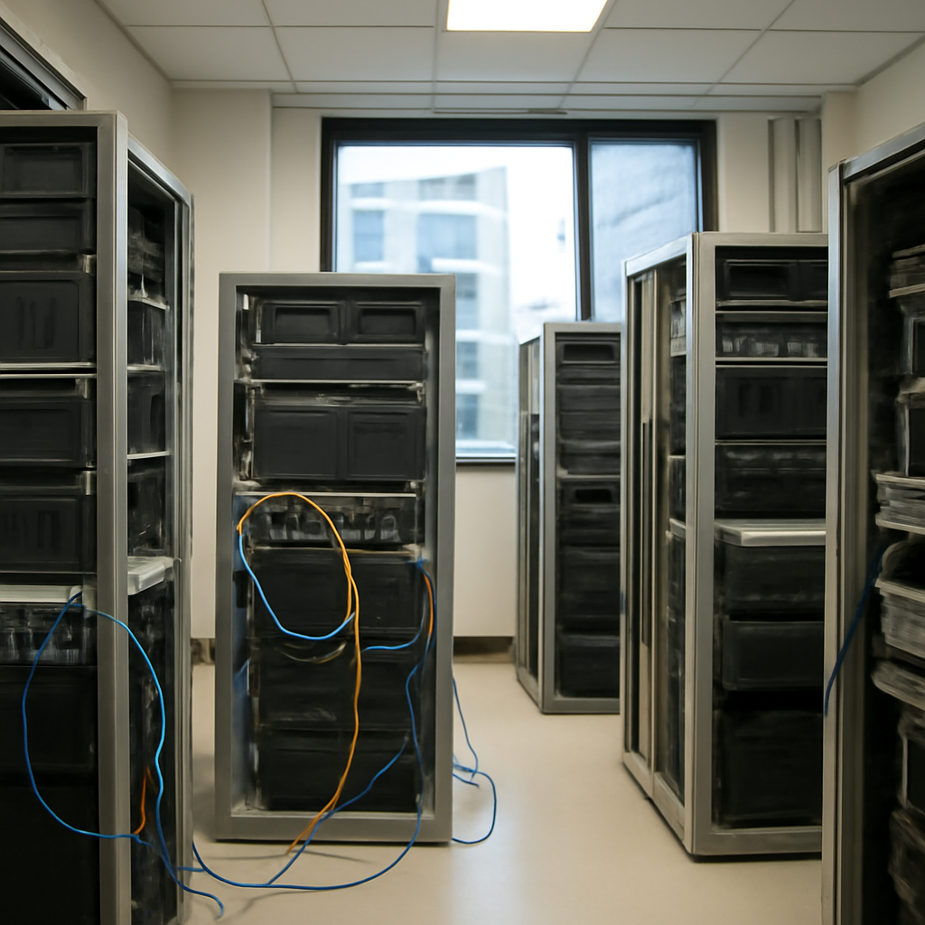 Rows of computer servers and networking equipment in a brightly-lit institutional server room with a cityscape visible…