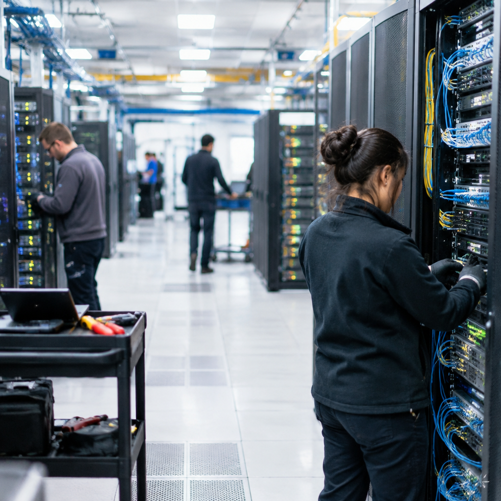 Rows of computer servers and networking equipment in a brightly lit data center.