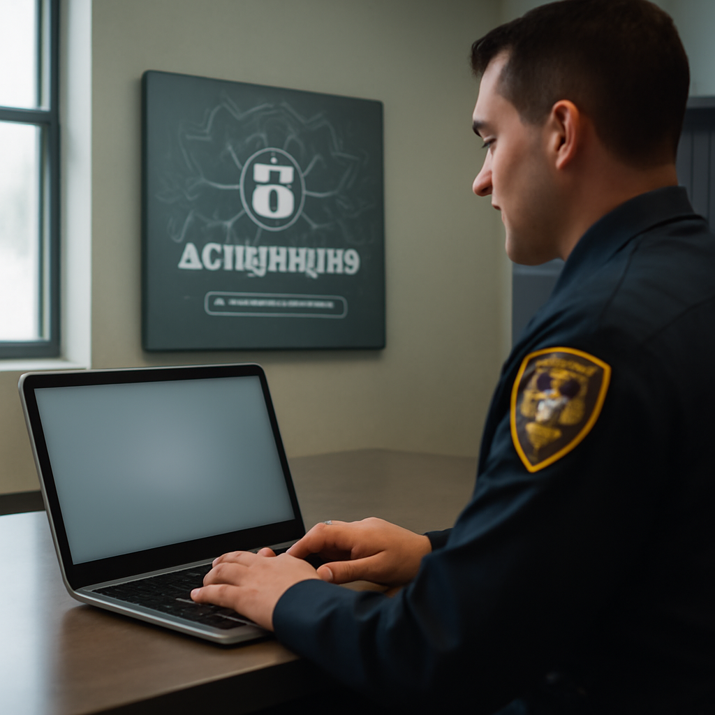 Law enforcement officer at a desk with laptop, in a secure setting with formal authentication elements.