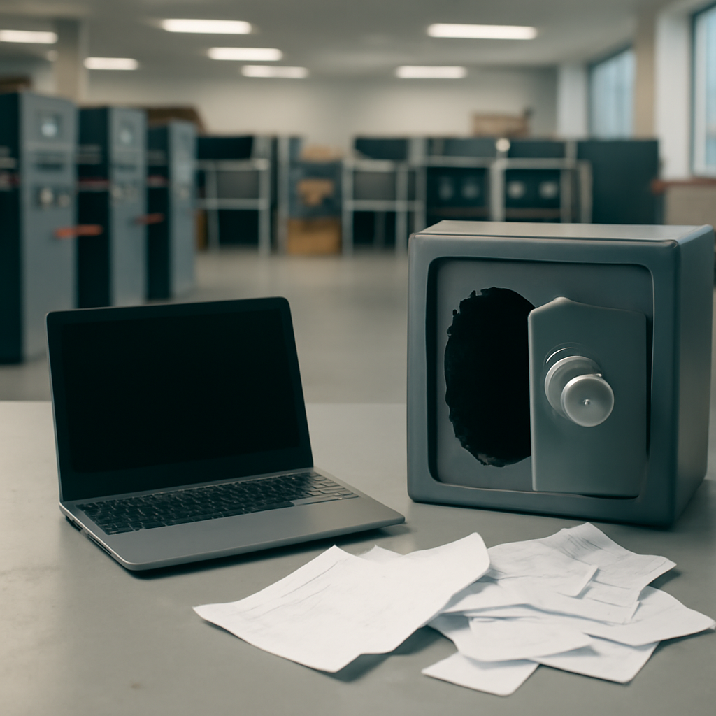 Modern office setting with computer servers and symbolic breach objects.