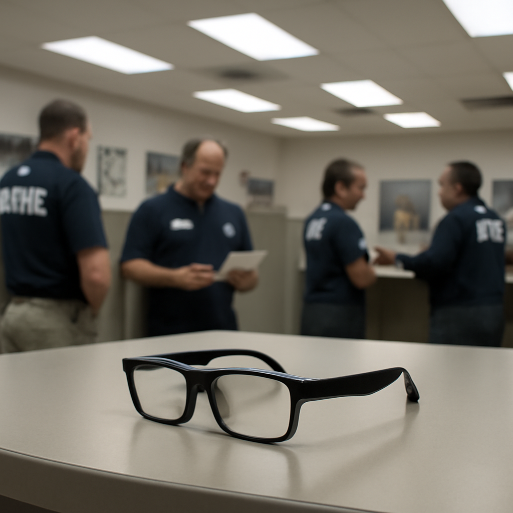 Smart glasses sit on a table in an ICE office with agents in the background.