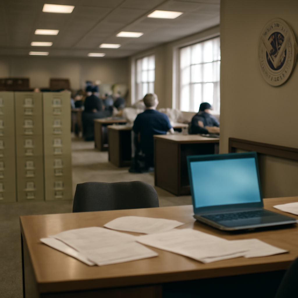 Government agency office with workers, filing cabinets, and a desk with a laptop and scattered papers near a window.