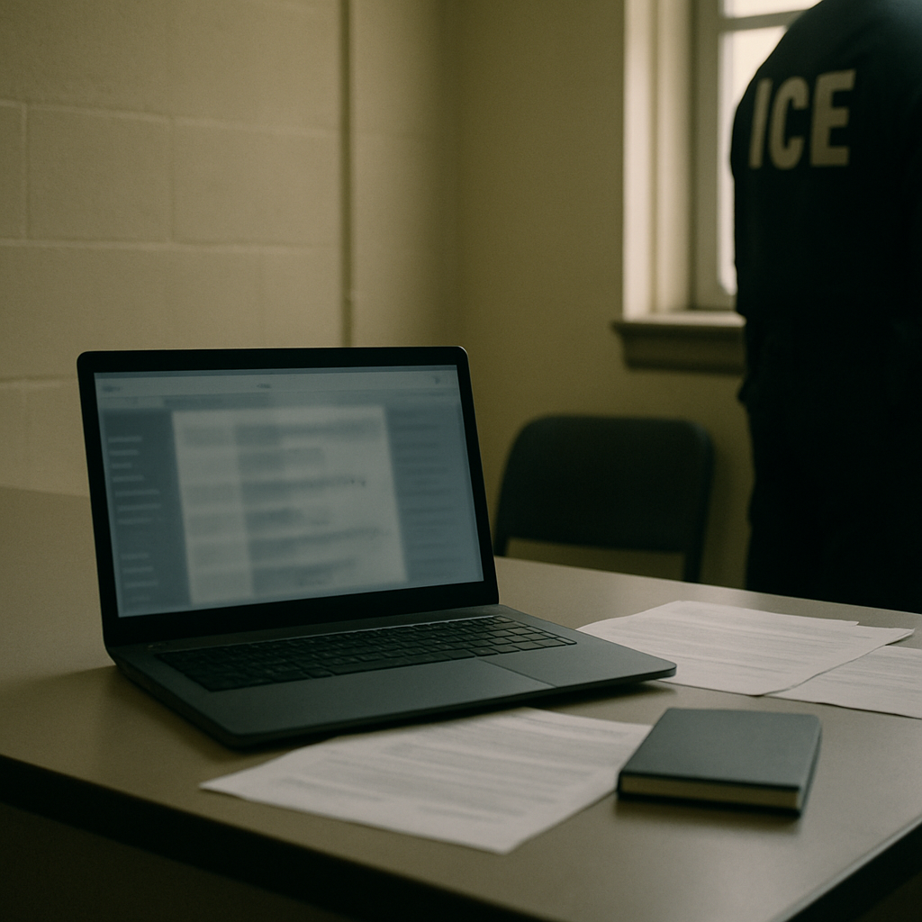 Laptop screen on a desk with scattered documents and a notebook in a nondescript room with natural light.