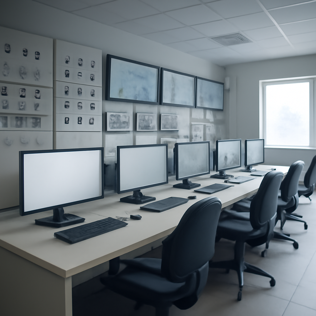 Modern industrial control room with computer terminals and monitoring systems on a wall, from a slightly elevated view.