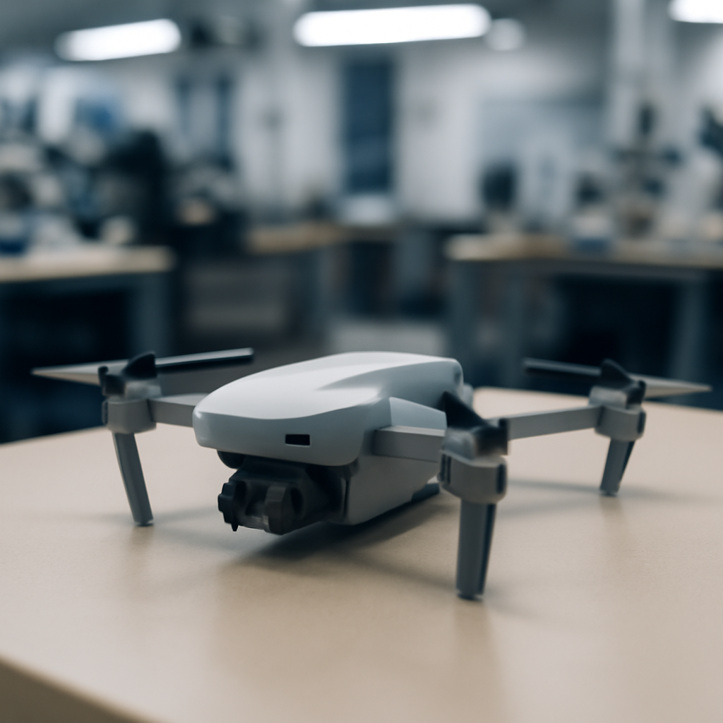 Sleek drone sits on workbench in modern workshop, surrounded by blurred equipment.