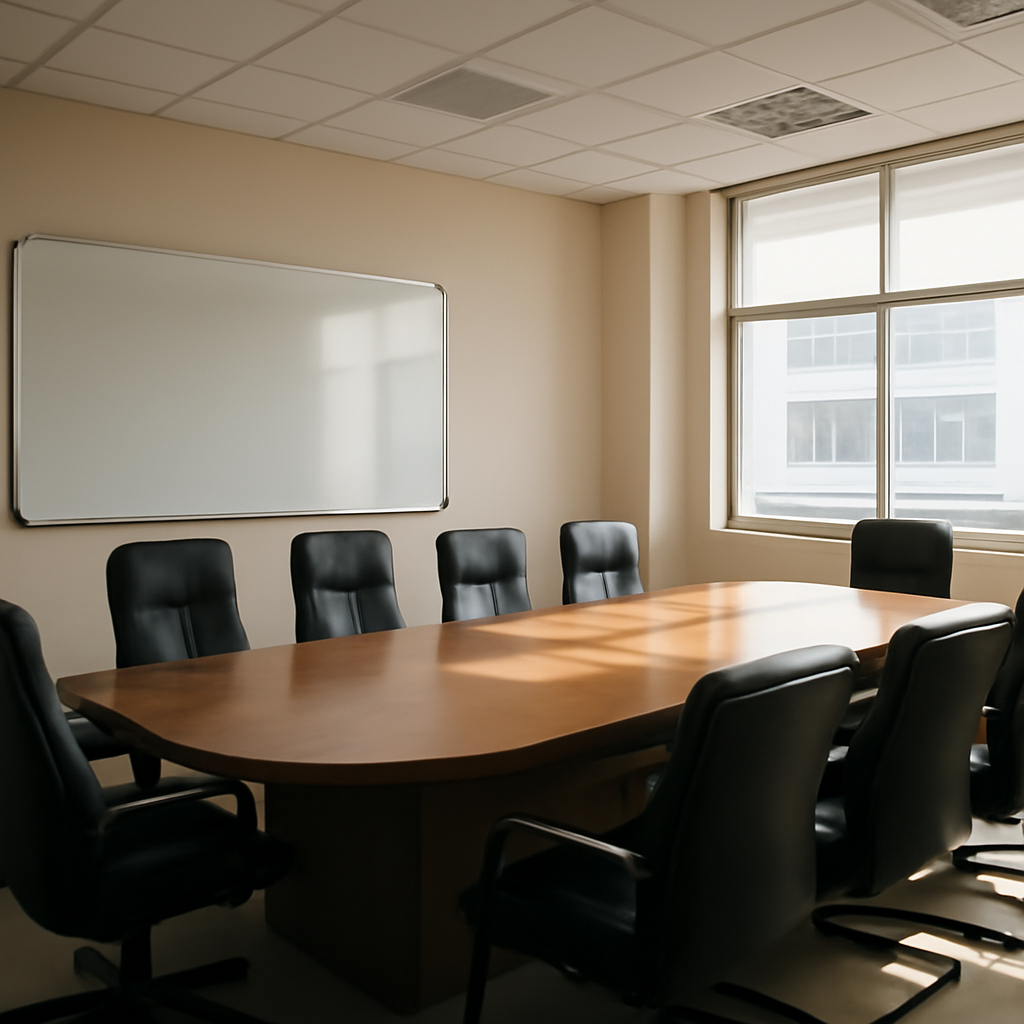 Empty corporate boardroom with wooden table, high-backed chairs, and whiteboard, lit by natural light.