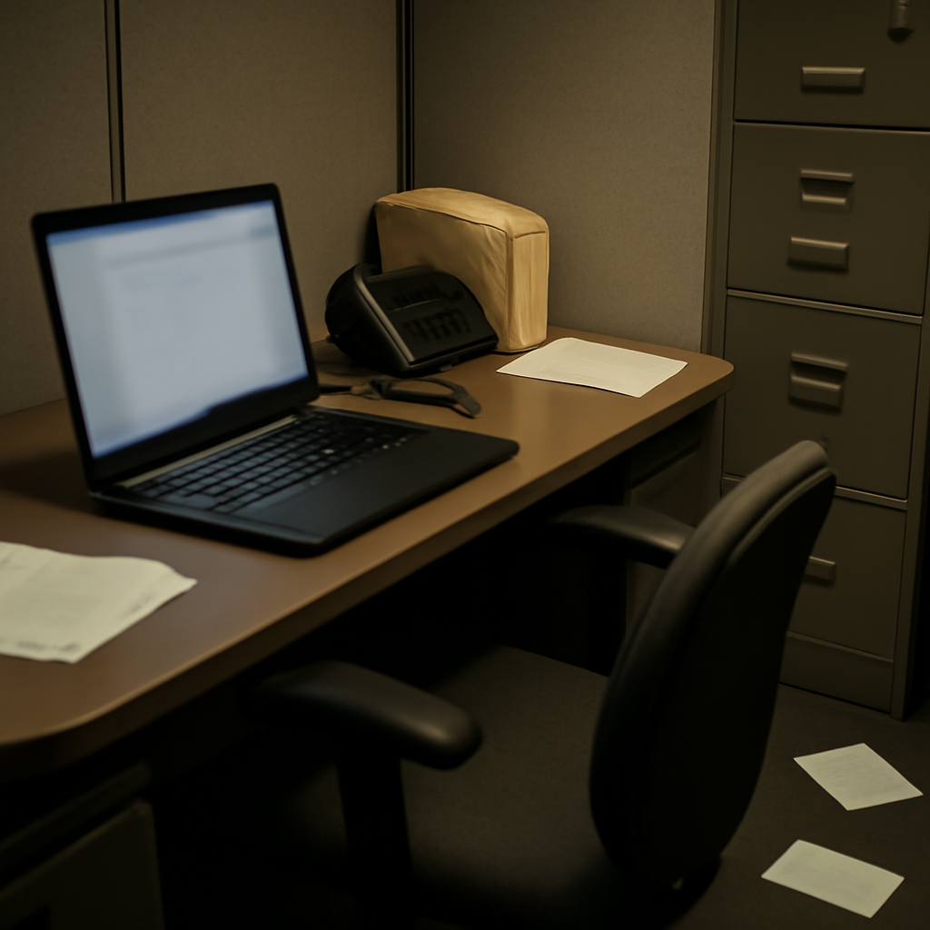 Dimly lit office cubicle with cluttered desk, scattered papers, and slightly ajar file cabinet.