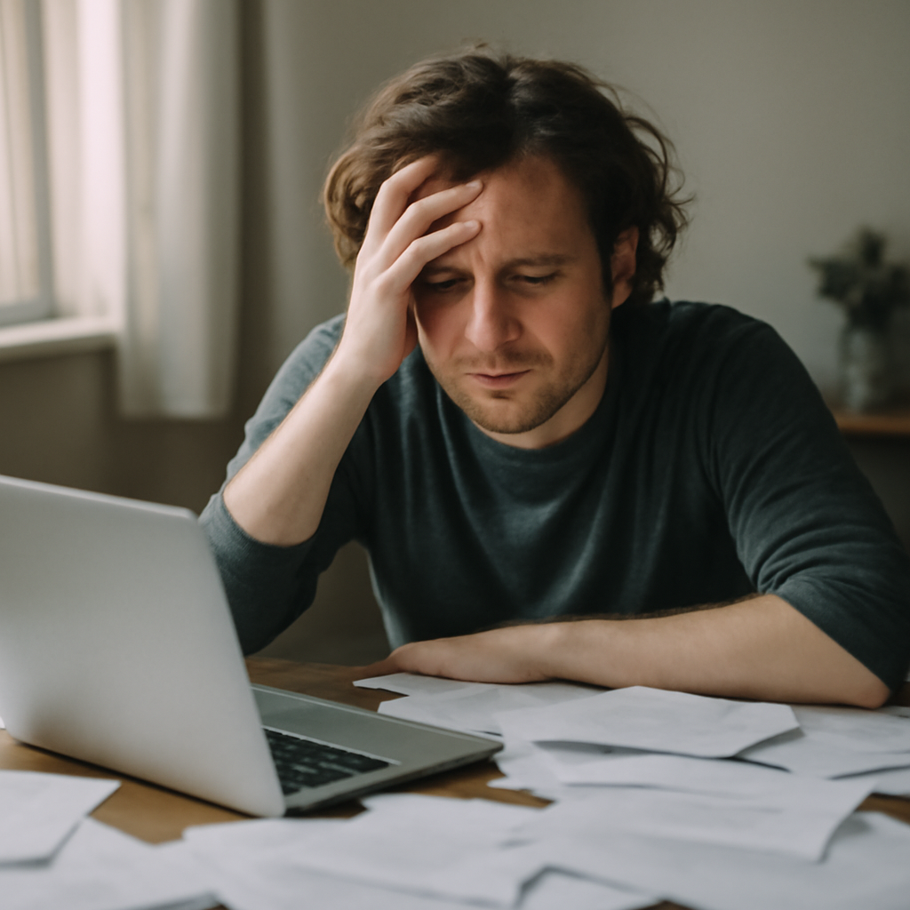Person sits at cluttered desk with concerned expression, surrounded by papers and laptop.