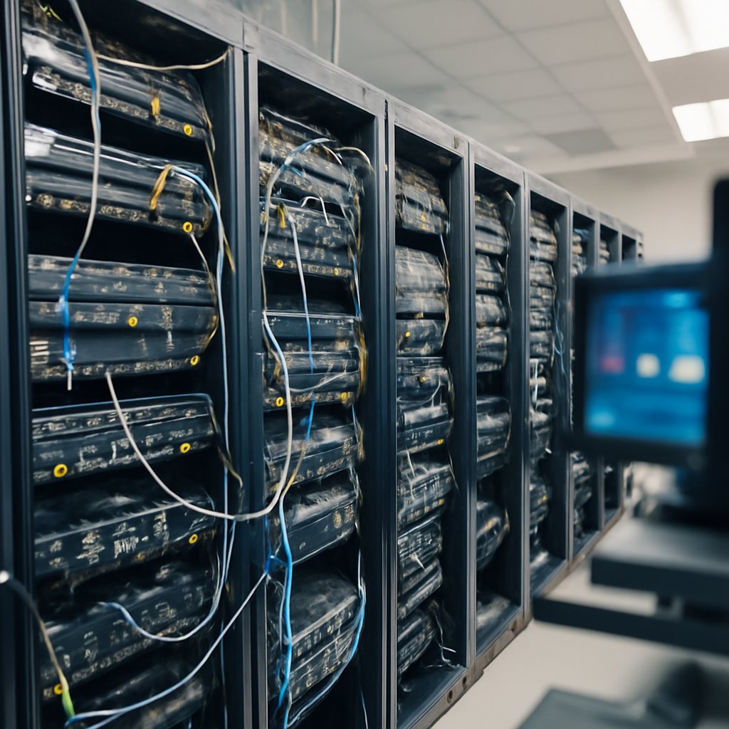 Rows of servers and network equipment fill a large IT infrastructure room, conveying complexity and interconnectedness.