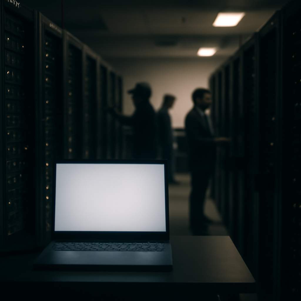 Technicians work in dimly lit server room with bright laptop screen in foreground.