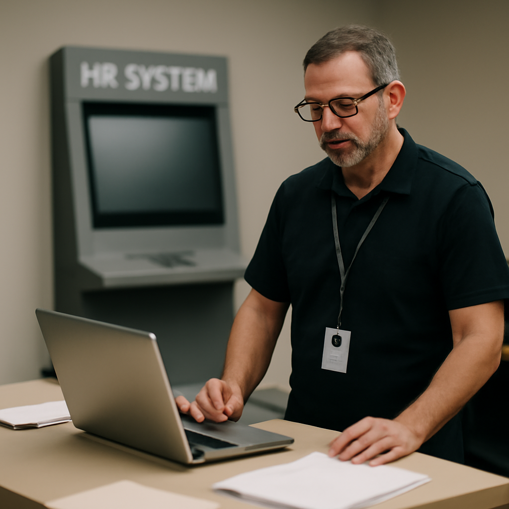 IT staff member stands beside a workstation with a laptop and papers nearby in an office setting.