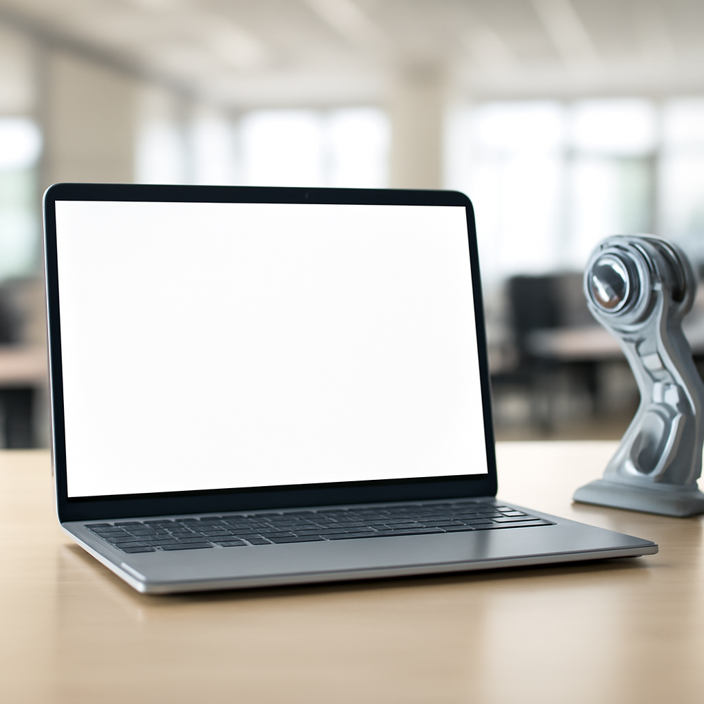 Laptop screen on a desk in a corporate office with a blurred background.