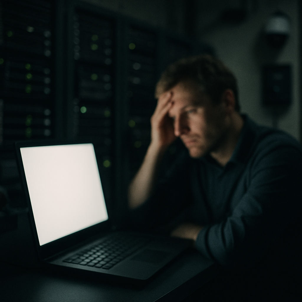 A lone workstation glows brightly in a dimly lit server room with rows of computer servers in the background.