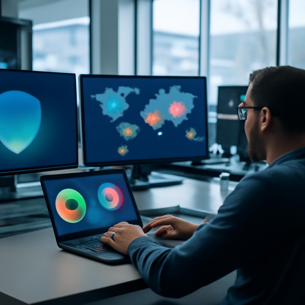 Security analyst works at a computer station in a bright, modern operations room.