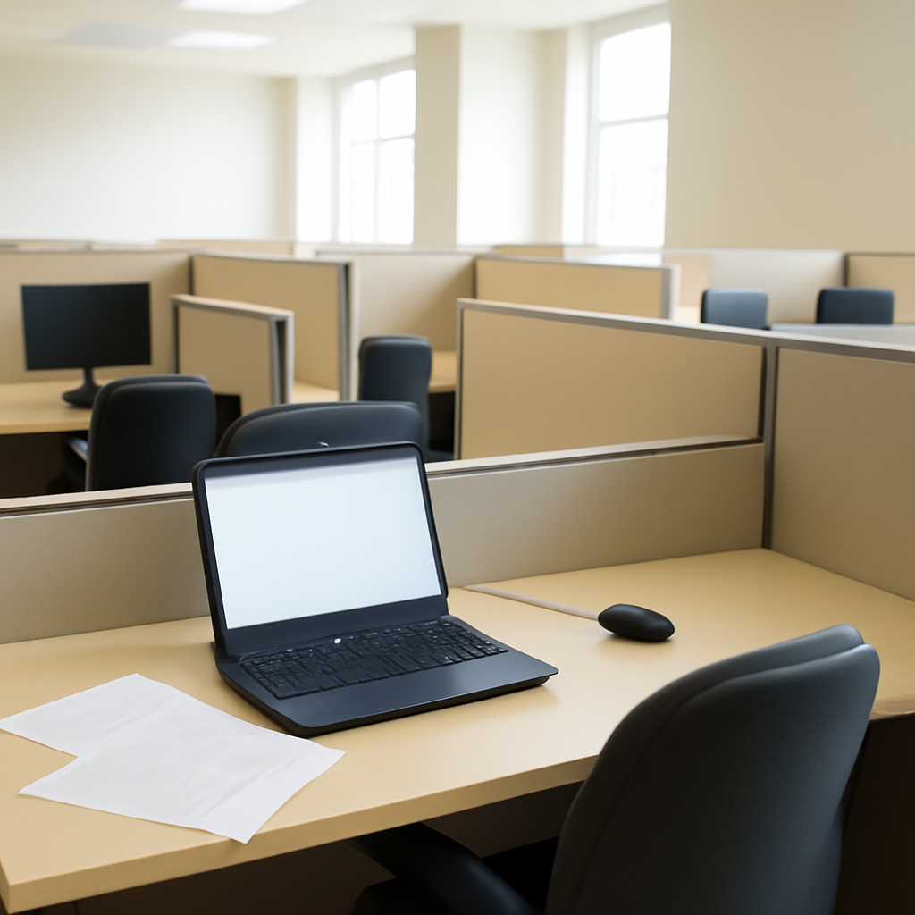 Abandoned office cubicle with open laptop and scattered papers amidst tidy workstations.