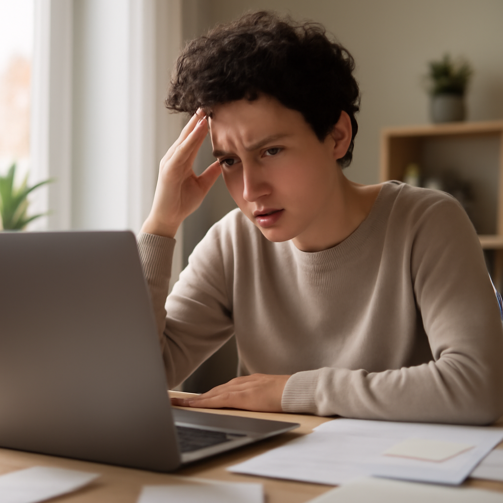 Person sitting at laptop with concerned expression, surrounded by papers and notes in a home office with natural daylight.