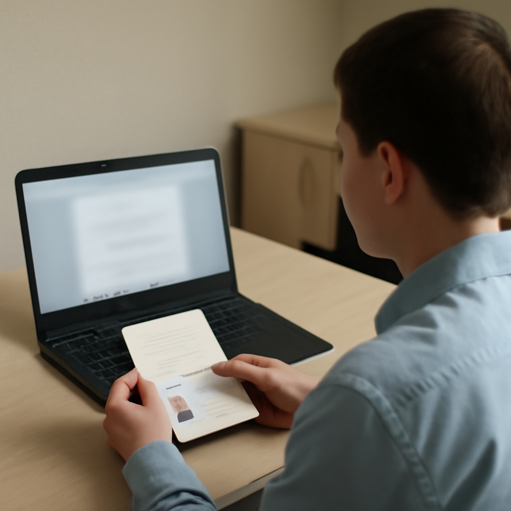 Person sitting at desk with laptop and identification document.