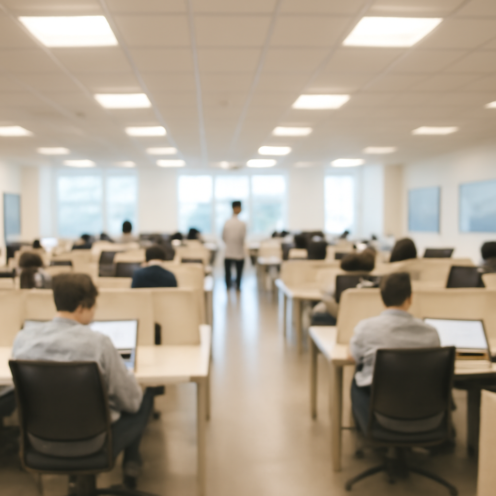 Open office space with rows of workstations and employees, lit by natural daylight from a large window.
